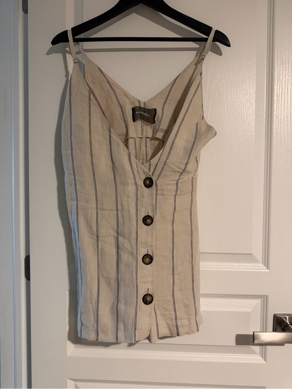 Reformation Cream and Navy Striped Linen-Blend Button Cami